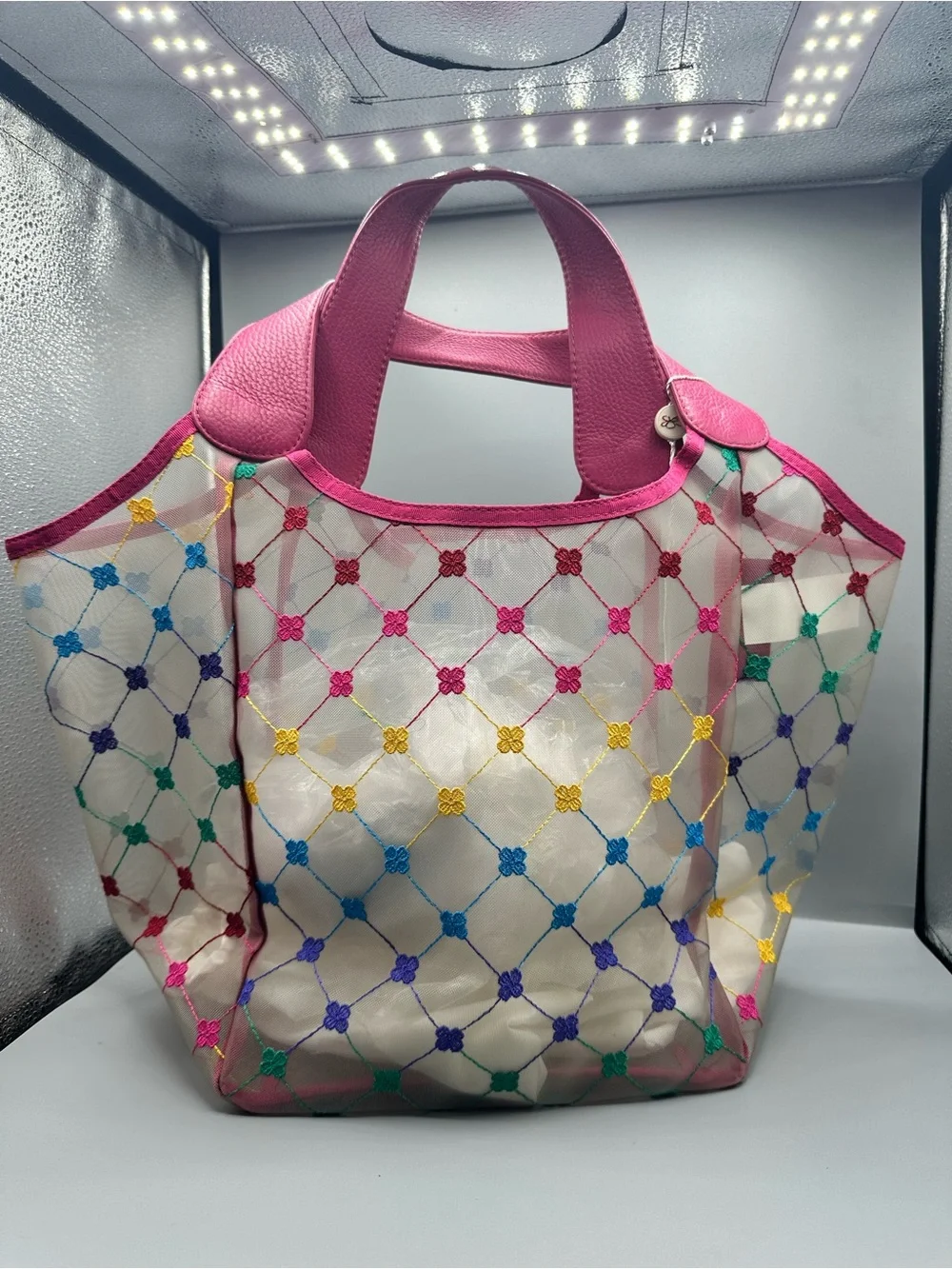 Cruciani Pink-Trim Sheer Tote with Multi-Color Embroidery